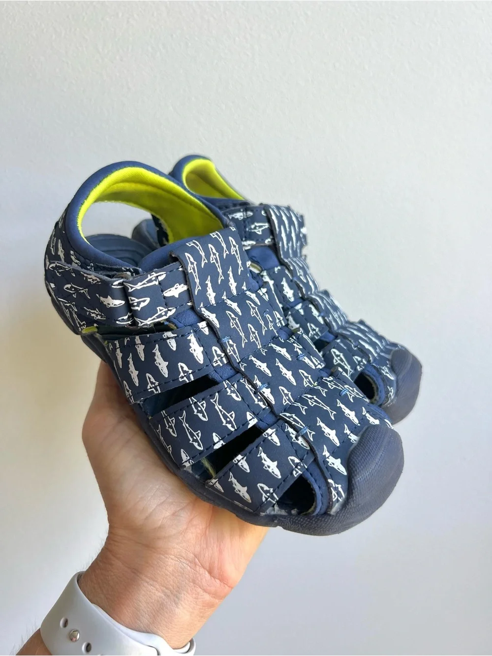 Kids Shark-Print Navy Sandals with Lime Accent